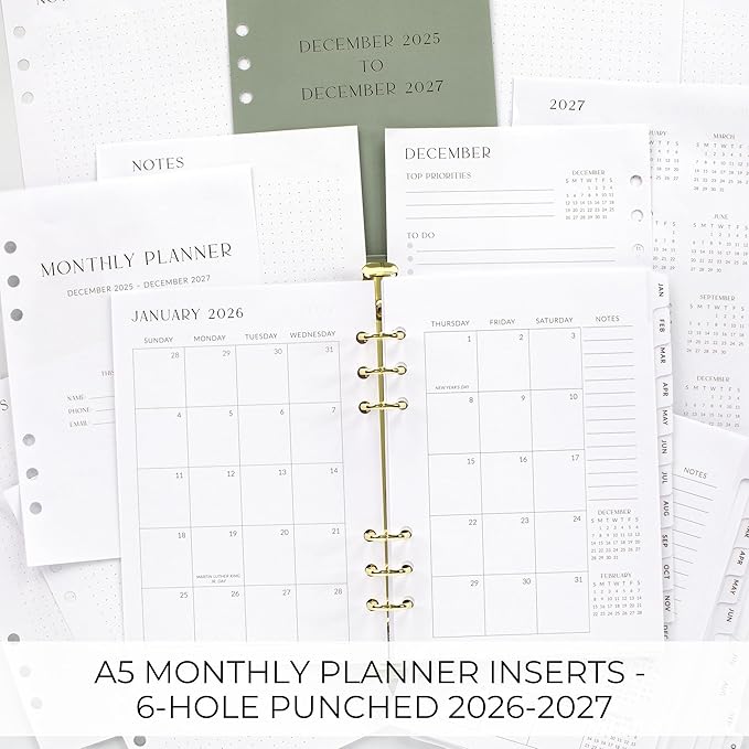 Beautiful 2026-2027 Monthly Planner Inserts for 6 Ring Binders – Durable A5 Paper Refill Set 5.7" x 8.3" - Refills Incl. Tabs & Yearly, Monthly Calendar Spreads - From December 2025 - December 2027