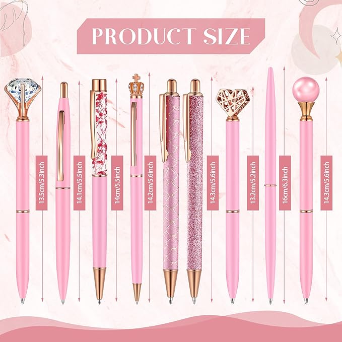 Janmini 9 Pcs Ballpoint Pens Set Metal Crystal Diamond Glitter Pens for Journaling Black Ink Pretty Cute Things Fancy Stationery Gifts for Women Girls Birthday Home Office Desk(Pink)