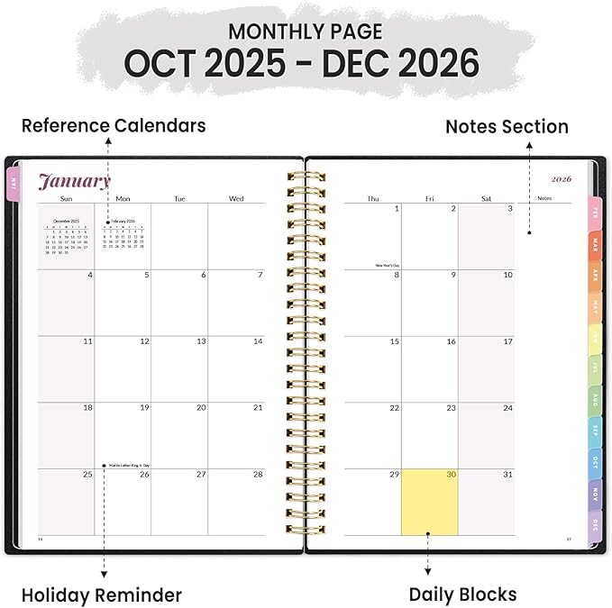 2026 Planner, Annecy Weekly ＆ Monthly Planner 2026, Jan. 2026 – Dec. 2026, 6.4" x 8.3" Monthly Agenda Planner with Tabs, Waterproof Flexible Cover, Spiral Binding, Double-sided Pocket, Bookmark, Black