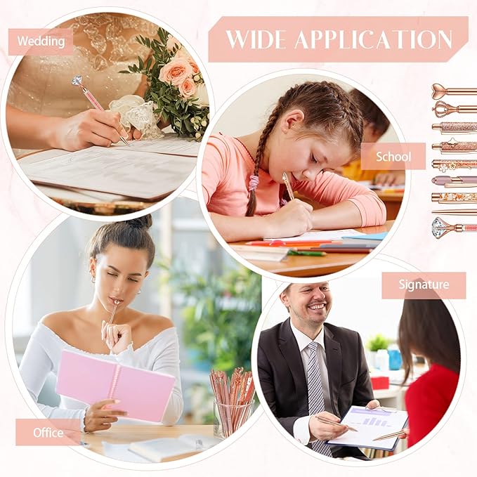 Janmini 9 Pcs Rose Gold Ballpoint Pens Set with Metal Crystal Diamond Design for Women - Fancy Pens for Journaling, Writing, Gifts