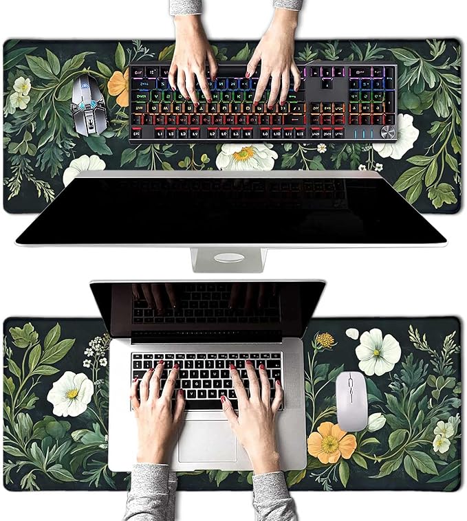 Vintage Wildflowers Flower Floral Large Mouse Pad, Desk Mat Computer Keyboard Pad Non-Slip Rubber Base Waterproof with Stitched Edges for Laptop Gaming, Office & Home 31.5 x 11.8 Inch