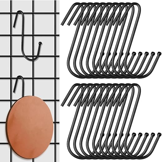 Hicarer 20 Pcs Gridwall Hooks S Shaped Heavy Duty Black Display Hooks Gridwall Shelf Accessories Hanging Hangers for Art Clothes Painting Photography Canvas