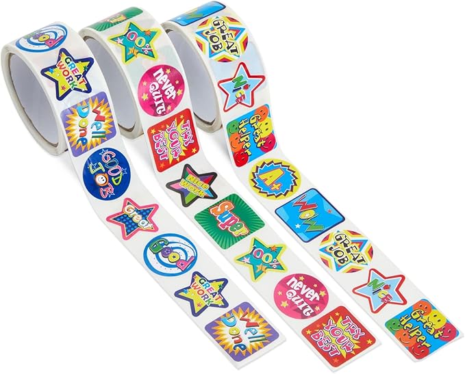 Juvale Teacher Reward Motivational Stickers - 6 Self-Adhesive Rolls (1080 Count) & 2 School Bus Dispensers - 1 in Multicolor Star, Square & Circle Designs - Classroom Essentials & Teacher Supplies