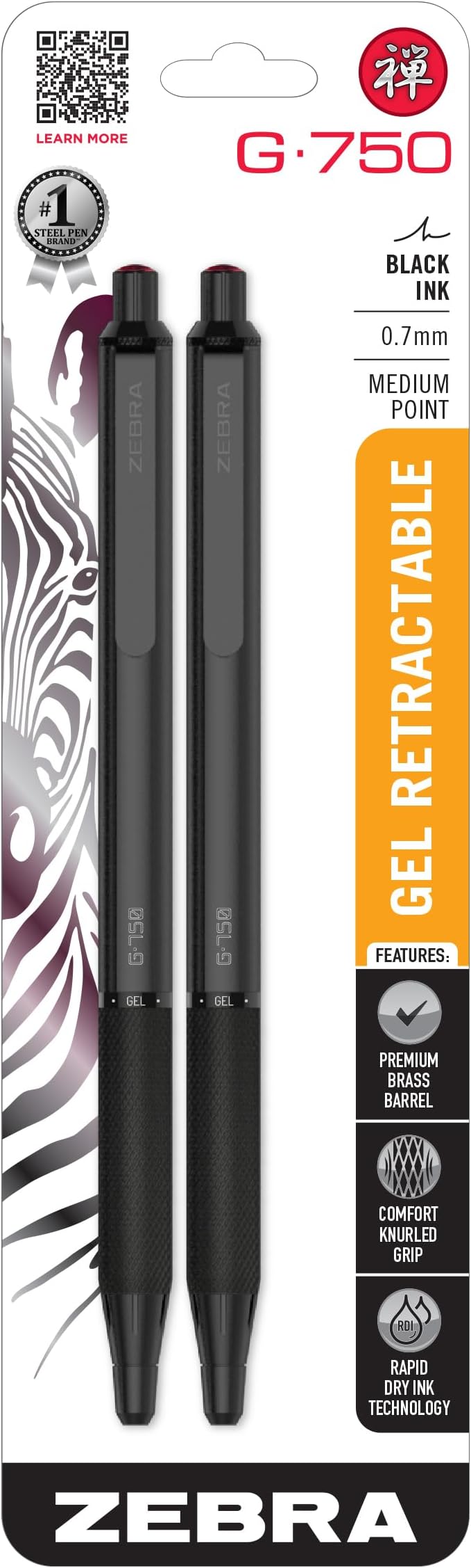 Zebra Pen – STEEL Series Premium Gel Pens – G-750 Retractable, 0.7mm Medium Point Black Ink, Rapid Dry Ink, Comfort Knurled Grip, Black Brass Barrel, Refillable, Japanese Craft Detail, 2-Pack (49812)