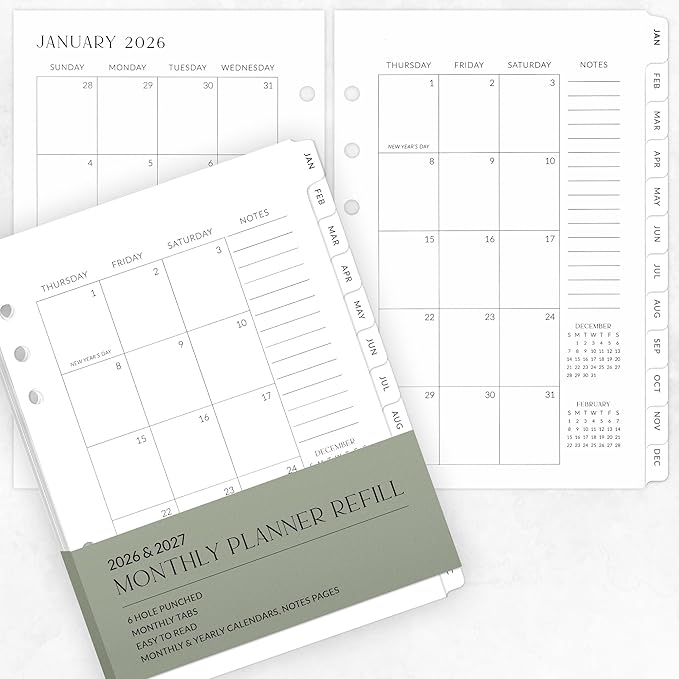 Beautiful 2026-2027 Monthly Planner Inserts for 6 Ring Binders – Durable A5 Paper Refill Set 5.7" x 8.3" - Refills Incl. Tabs & Yearly, Monthly Calendar Spreads - From December 2025 - December 2027
