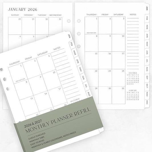 Beautiful 2026-2027 Monthly Planner Inserts for 6 Ring Binders – Durable A5 Paper Refill Set 5.7" x 8.3" - Refills Incl. Tabs & Yearly, Monthly Calendar Spreads - From December 2025 - December 2027