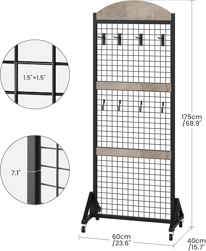 2 Packs Grid Wall Panel 5.7' x 2' FT Grid Display Rack with Wheels, Movable Gridwall Display Stand with 8 S-Shaped Hooks and 8 Garment Hooks, Floorstanding Wire Grid Rack, Greige and Black TCJ17P2BG