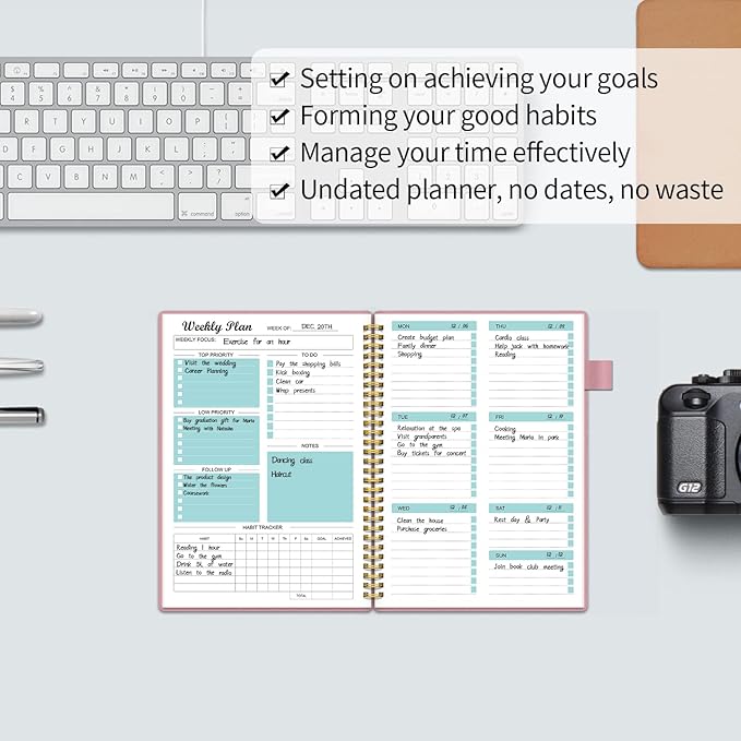 Weekly Planner Undated, Weekly Goals Schedule Planner with Spiral Binding, To Do List Notebook Calendars Organizers Habit Tracker Journal for Men & Women, Pocket,Pen Loop, 53 Weeks (5.5x8.5")