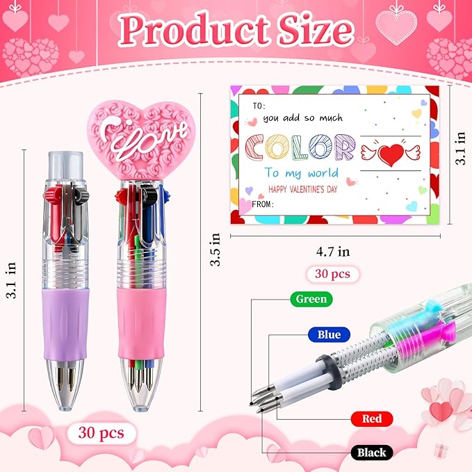 CZWZ 30Pcs Mini Multicolor Pen in One 4-in-1 Cute Pens Bulk for Kids, Ballpoint Pens for Birthdays and Children's Parties, Fun Pens Gifts Assorted Ink Kawaii Pen(LOVE Heart)