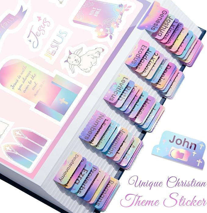 Bible Tabs with Unique Stickers, Laminated Bible Tabs for Women & Men, Christian Gifts, Large Print Bible Tabs for Easy Navigation, Bible Book Index Tabs Labels, Bible Study Supplies, Rainbow4 SQ3
