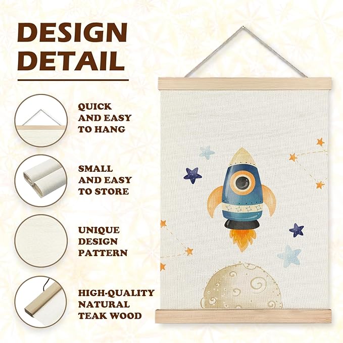 LUVADIAN Space Wall Decor, Nursery Decor Wall Art With Wooden Poster Hanger, Spaces Themed Bedroom Decor, Space Wall Decor for Toddler Boys Bedroom Nursery Playroom Classroom, 12x16 Inch Set of 2