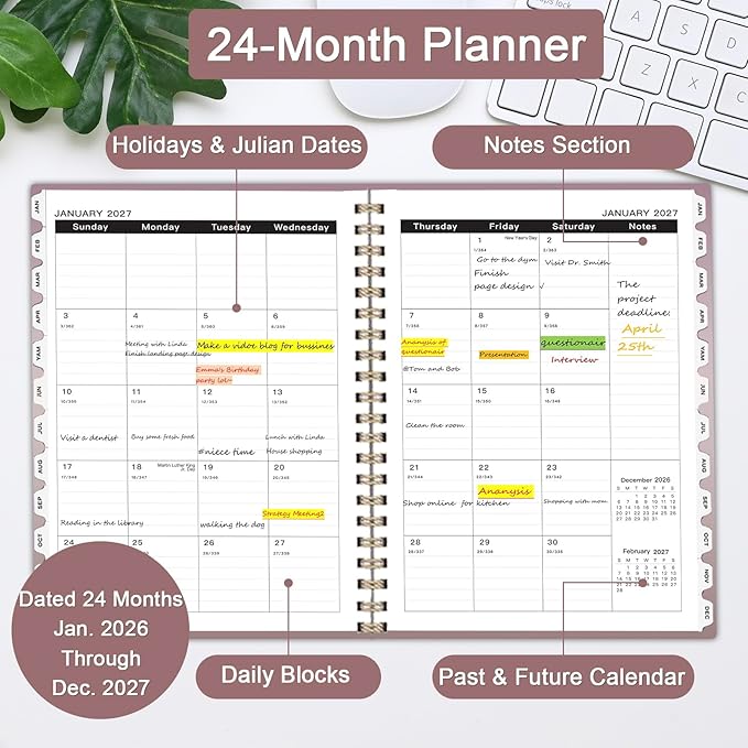 Ymumuda 2026 Monthly Planner - 2 Year Monthly Planner, JAN.2026 to DEC.2027, 8.5" x 11", Large Calendar with Spiral Bound, 24 Coated Tabs,24 Months Perfect for School & Office Schedule, Rose Gold