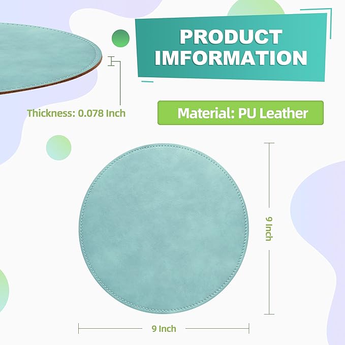 Mouse Pad，Round Mouse Pad，PU Mouse Pad，Leather Mouse Pad with Stitched Edge Micro-Fiber Base with Non-Slip Waterproof，Mouse Pad for Computers，Laptop，9 x 9 Inch (Light Blue)