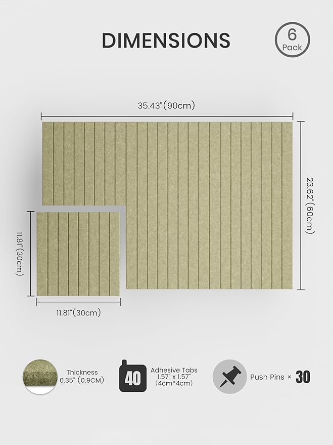 Bumusty Large Cork Board Alternative-36 x 24" Felt Bulletin Board Tiles, with 30 Pushpins, 40 Adhesive Tabs, 6-Pack Slat Wall Paneling, Cork Boards for Office Push Pin Board Felt Board-Olive Green