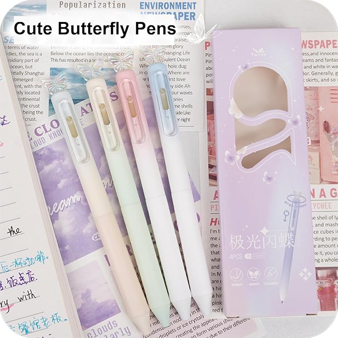 4 Pcs Cute Retractable Pens Butterfly Gel Pen 0.5mm Fine Point Black Ink Smooth Writing Pen Office School Supplies Aesthetic Gradient Pastel Pens for Women Girls (4Pcs Butterfly)