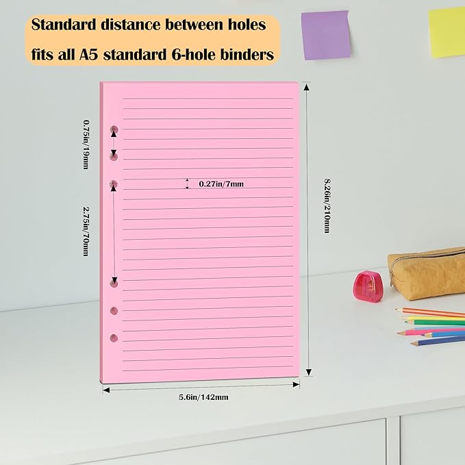 A5 Colorful Lined Filler Paper, 6-Hole Punched, 120GSM Loose-Leaf Paper and Planner Inserts for Notebooks, Journals, and Study Notes,50 Sheets/100 Pages