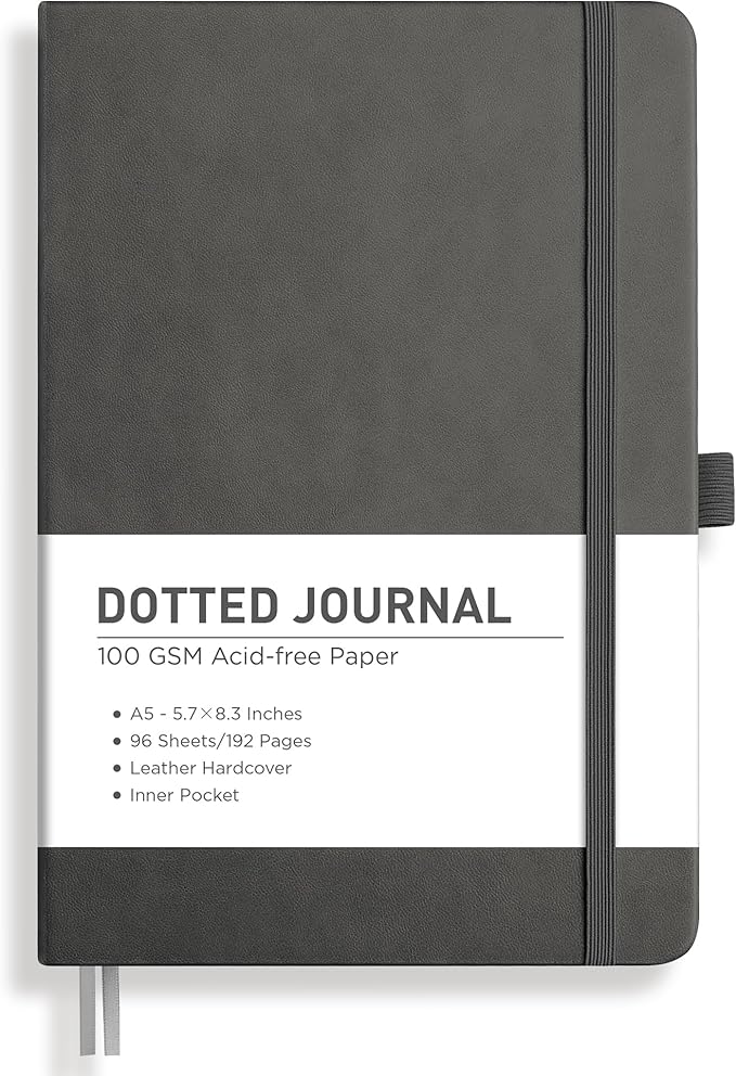 RETTACY Dotted Journal Notebook, 192 Pages, A5 Medium Size (5.7'' x 8.3''), Leather Hardcover, 100 GSM Thick Paper, for Bullet Journaling, Planning, Tracking (Gray)