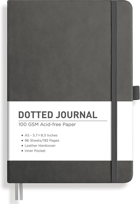RETTACY Dotted Journal Notebook, 192 Pages, A5 Medium Size (5.7'' x 8.3''), Leather Hardcover, 100 GSM Thick Paper, for Bullet Journaling, Planning, Tracking (Gray)