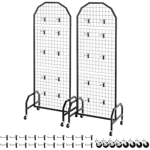 VEVOR 2 Packs Grid Wall Panels, 1.9 x 5.4 ft Wire Grid Panels Display Rack, Movable Art Display Shelf with Wheels and 20 Hooks, Black Carbon Steel Gridwall for Craft Show, Decor, Storage, Notice Board