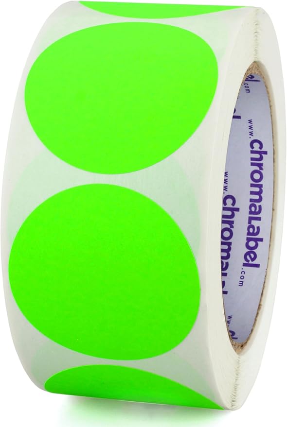 ChromaLabel 2 Inch Round Removable Stickers, High Visibility Removable Sticky Dots Color Coding Labels, Easy to Write On Dot Stickers - 500 Sticker Dots per Roll, Matte Finish Fluorescent Green