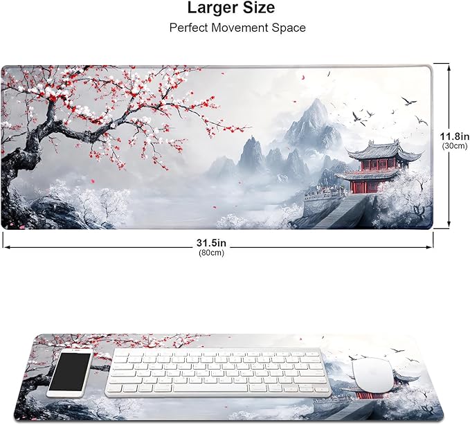 Cherry Blossom Japanese Large Mouse Pad, Desk Mat Computer Keyboard Pad Non-Slip Rubber Base Waterproof with Stitched Edges for Laptop Gaming, Office & Home 31.5 x 11.8 Inch