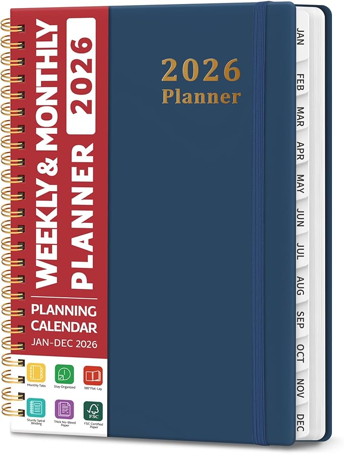 2026 Planner, Weekly and Monthly Calendar Planner, January 2026 - December 2026, Hardcover 2026 Calendar Book with Tabs For Women & Men, Inner Pocket, Spiral Bound, Perfect for Office Home School Supplies - A5 (6.3" x 8.5"), Navy