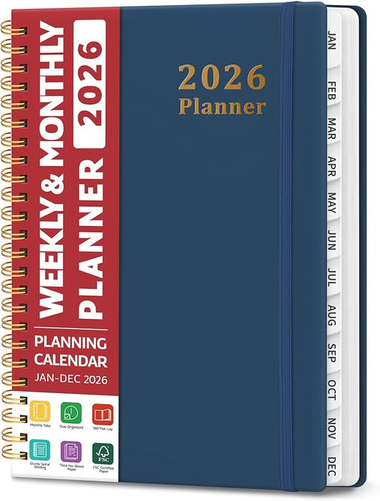 2026 Planner, Weekly and Monthly Calendar Planner, January 2026 - December 2026, Hardcover 2026 Calendar Book with Tabs For Women & Men, Inner Pocket, Spiral Bound, Perfect for Office Home School Supplies - A5 (6.3" x 8.5"), Navy