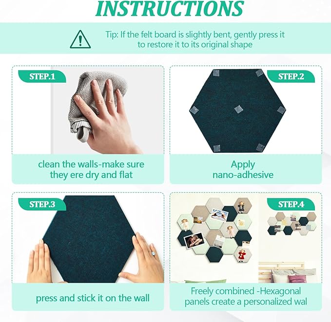 32 Pcs 12'' x 10' Hexagon Felt Cork Board Tiles with 50 Wooden Push Pins, Felt DIY Bulletin Board with 4 Tape for Office School Home Wall Decor Stickers Memos Photos Display