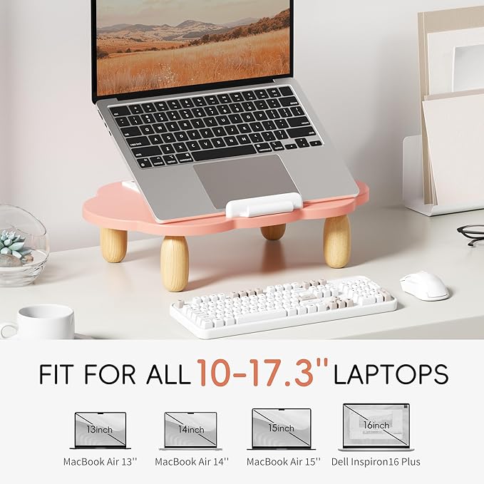 Adjustable Wood Laptop Stand, Ergonomic Height Angles Computer Stand, Cloud-Shaped Holder Riser Notebook Stand for Desk Compatible with Air, Pro, Dell, HP, Lenovo More 10-17.3" Laptops, Pink