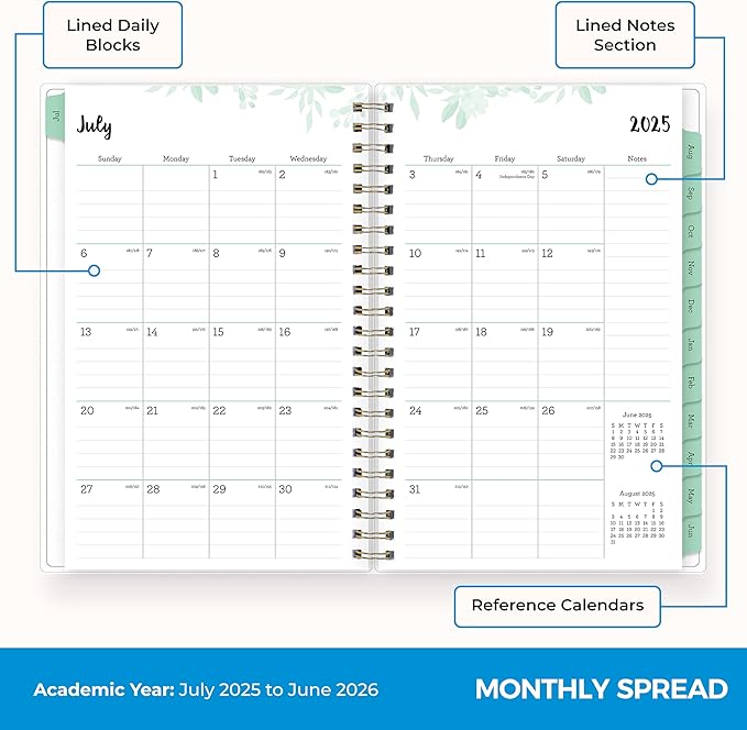 Blue Sky Weekly and Monthly Academic Year Planner Calendar, July - June, Flexible Cover, Wirebound, Laminated Tabs, Laurel (Laurel- 2025/2026, 5" x 8")