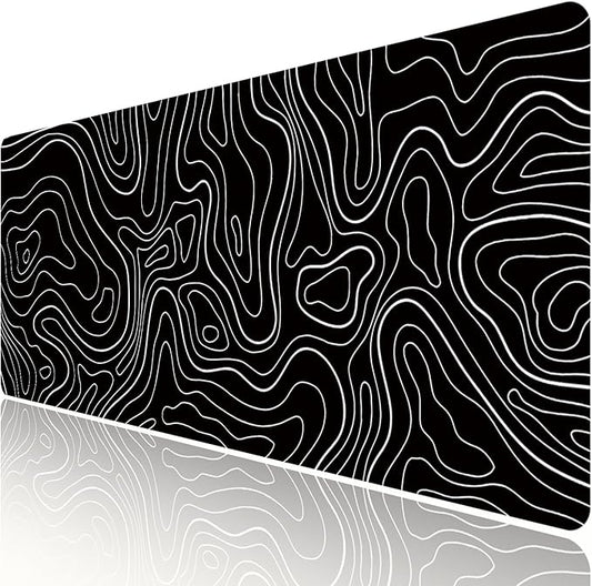 Black Topographic Large Gaming Mouse Pad Extended XXL(900 * 400 * 3MM) Mouse Mat Long Desk Pad with Stitched Edges for Keyboard Home Office Gaming Work Big Desk Mat