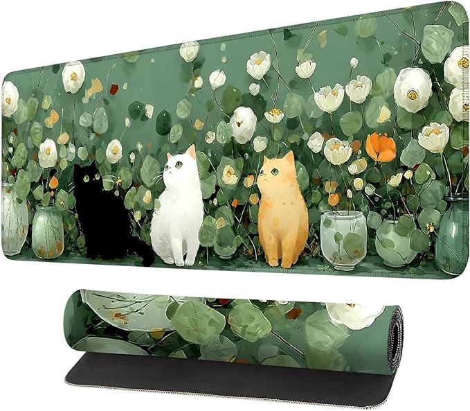 Desk Mat, XXL Extended Gaming Pad for Desktop, 31x12 Inches Floral Cats Three Kittens with Flowers, Large Non-Slip Vegan Leather Surface with Stitched Edges, Keyboard Mouse Mat for Home Office