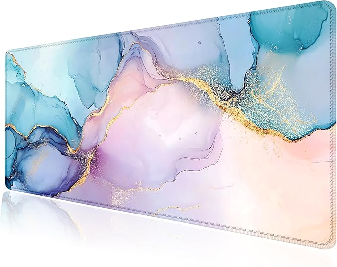 Pink Gold Texture Marble Large Mouse Pad, Desk Mat Computer Keyboard Pad Non-Slip Rubber Base Waterproof with Stitched Edges for Laptop Gaming, Office & Home 31.5 x 11.8 Inch