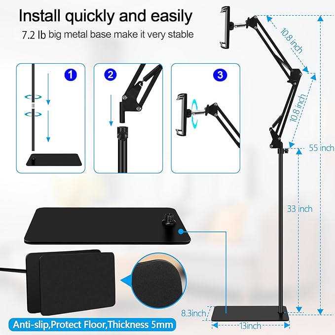 Tablet Floor Stand with 7.2 lb Weight, Overhead Bed Phone Mount Height Adjustable Arm Stretchable Stand Holder, Compatible with iPad mini Air Pro, Galaxy Tab, Kindle, Switch, Cell Phones