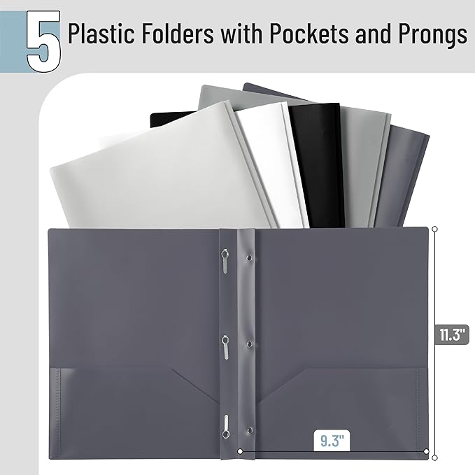 Mr. Pen- Plastic Folders with Pockets and Prongs, 5 Pack, Letter Size, Flexible Plastic Folders with Prongs, Black and White Theme