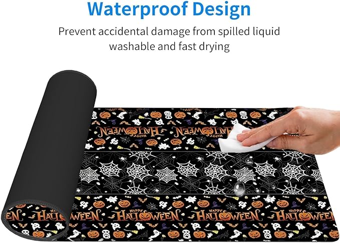 Halloween Themed Mouse Pad, Skeleton Ghost Pumpkin Head Pattern Large Gaming Desk Mat with Sewn Edges, Micro-Woven Fabric for Office and Home, 31.5x11.8in