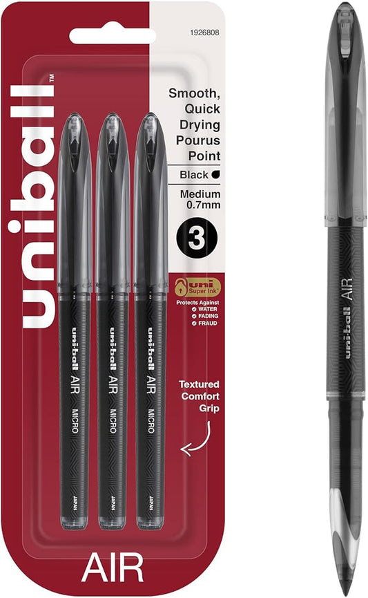 Uni-Ball Uni-Ball AIR Rollerball Pens Fine Point, 0.7mm, Black, 3 Pack