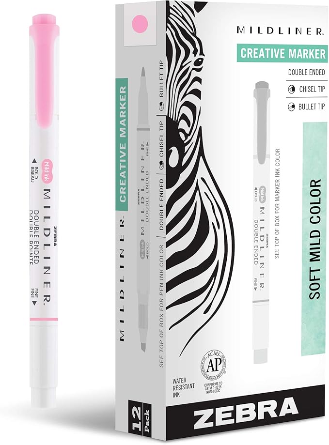 Zebra Pen Mildliner Dual-Tip Highlighters, Broad and Fine Tips, Ideal for Bible Highlighting, No Bleed, School Supplies, Teacher Supplies, and Office Supplies, Mild Pink Ink, 12-Pack (78170upc)