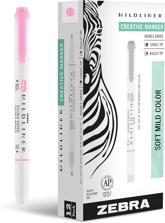 Zebra Pen Mildliner Dual-Tip Highlighters, Broad and Fine Tips, Ideal for Bible Highlighting, No Bleed, School Supplies, Teacher Supplies, and Office Supplies, Mild Pink Ink, 12-Pack (78170upc)