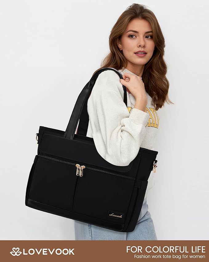 LOVEVOOK Upgrade Version Work Bags for Women 15.6 Inch Laptop Bag Large Capacity Mutiple Pockets Teacher Bag Water Resistant Canvas Tote Bag Purse for Office Travel College Nurse Teacher, Black