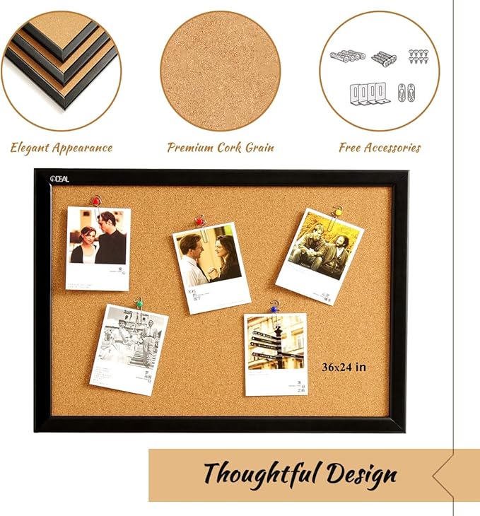 Gideal Cork Board 24 x 36 Inch Bulletin Board, Cork Notice Board 100% Wood Framed Brazil Imported, Mounting Hardware Push Pins Included