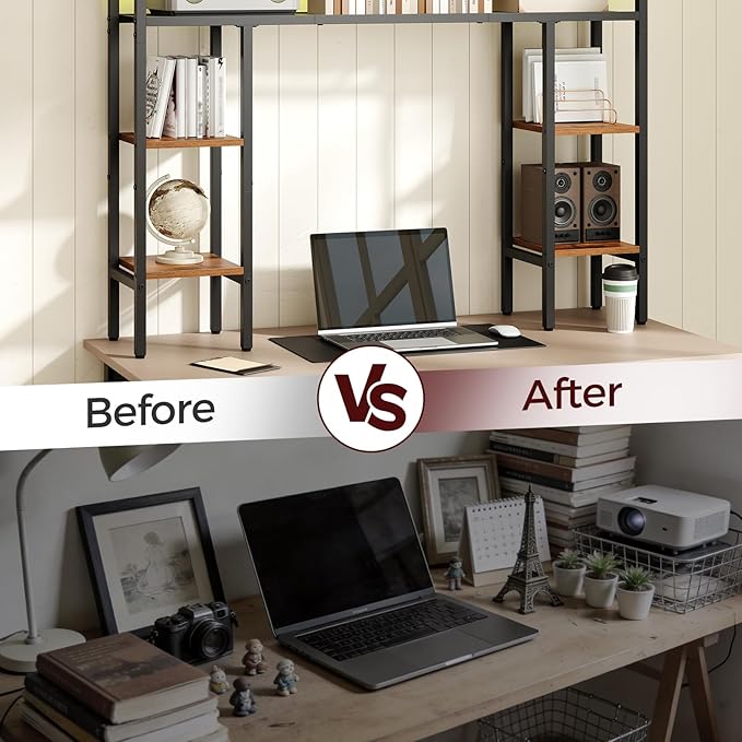 Desktop Shelf with LED Light Strip, Desktop Hutch with Adjustable Feet and Anti-Tip Kit, Storage Shelf with Particleboard Shelves and Wire Mesh, for Study, Home Office, Rustic Brown DSHR9801