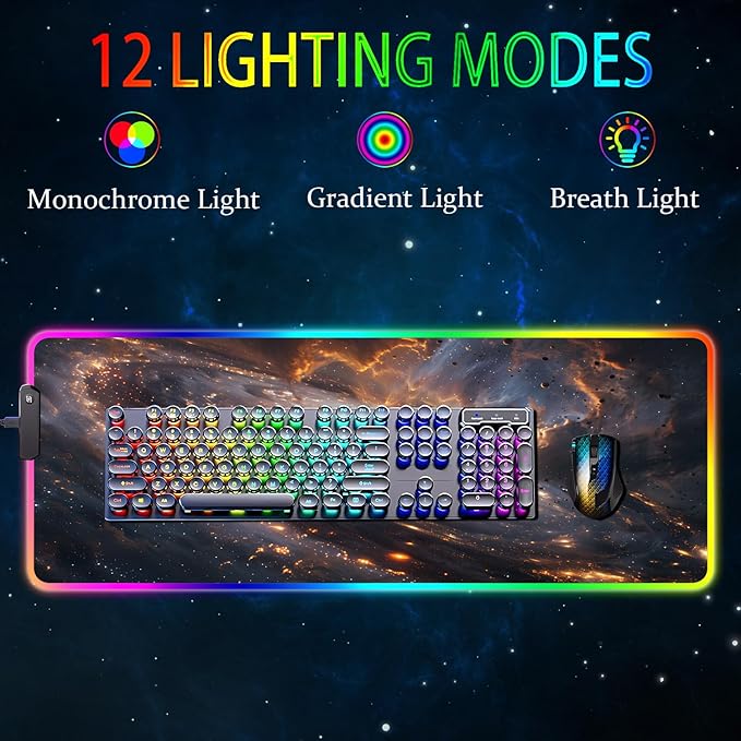 RGB Gaming Mouse Pad, Large Mousepad with Led Light, Gaming Accessories Keyboard Pad for Desk, Non-Slip Rubber Base Big Mouse Mat for Gamer, 31.5 X 11.8 Inch, Golden Galaxy