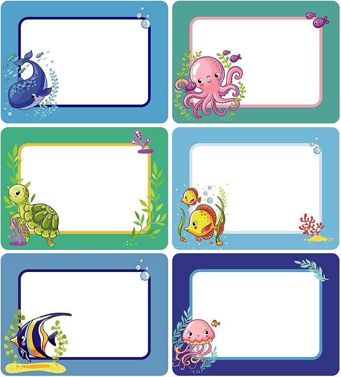 120pcs Ocean Sea Animal Name Tag Labels Stickers Classroom Multi Purpose Under The Sea Desk Name Tag Stickers Colorful Adhesive Name Sticker for School Students Offices Home Group Events 2.6x3.5 inch