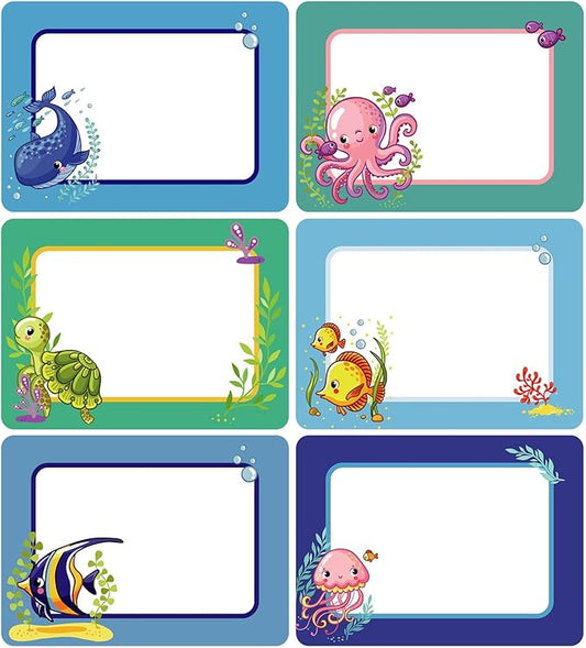 120pcs Ocean Sea Animal Name Tag Labels Stickers Classroom Multi Purpose Under The Sea Desk Name Tag Stickers Colorful Adhesive Name Sticker for School Students Offices Home Group Events 2.6x3.5 inch
