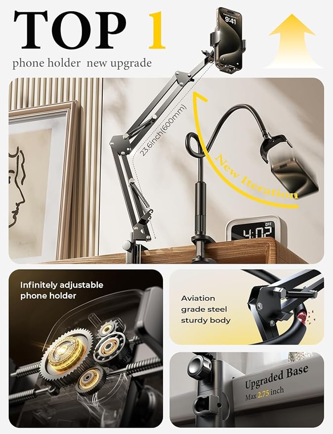 LISEN Gooseneck Phone Holder for Bed Desk [3rd Upgrade] Cell Phone Stand for Desk Bed Gaming Accessories, Gifts for Women Men Seniors Tech Mount for Recording Filming Laying Down Flexible Arm Clamp