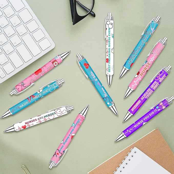 Idealmuzik Nurse Appreciation Week Ballpoint Pens Set of 10 – Nurse Theme Pens with Stethoscope, Heart & ECG Designs and Encouraging Quotes – Smooth Black Ink Pens for Hospital, Office, and Daily Use