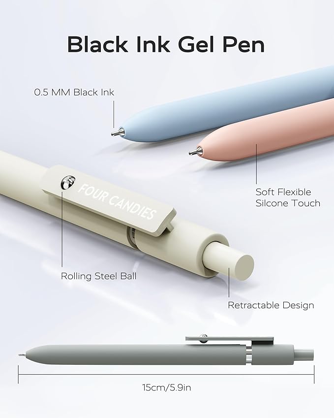 Four Candies Gel Pens, 6 Pcs 0.5mm Quick Dry Black Ink Pen Fine Point Smooth Writing Unique Pen, Office Home School Supplies Essentials Pretty Girl Cute Pens, Gifts for Women(Morandi)