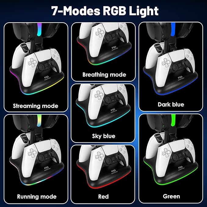 PS5 Controller Charger with RGB Headphone Stand, PS5 Controller Charging Station with 2 USB Port, Headset and Controllers Stand Holder for PlayStation 5, Gaming Gifts for Gamers Men