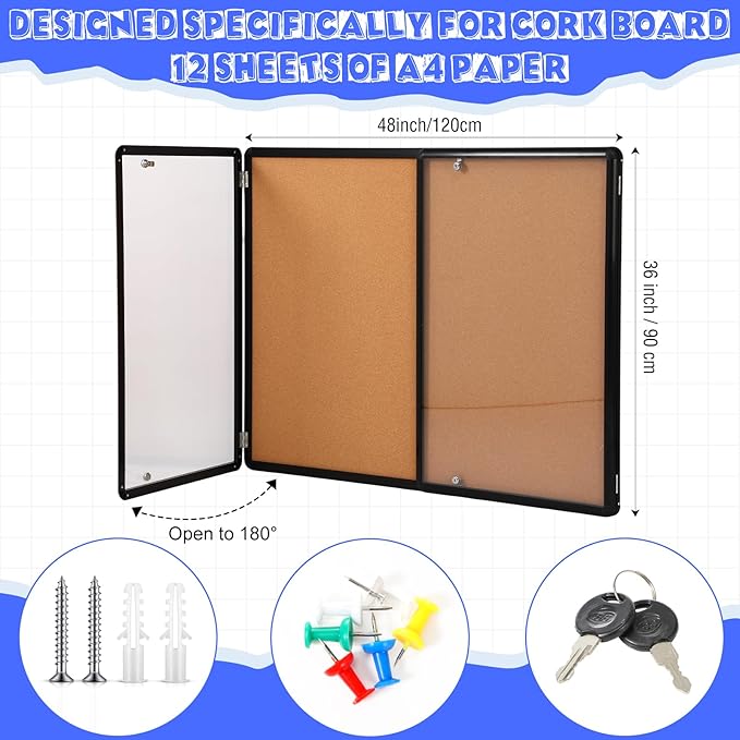 48"x36" Enclosed Bulletin Board Weather Resistant Lockable Outdoor Cork Fabric Display Board Aluminum Frame Wall Mounted 2 Locking Door for Office School Commercial 12xA4(Brown, Black Frame)